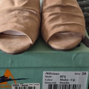 Antelope Women’s Suede Open-Toe Heeled Mules in Tan